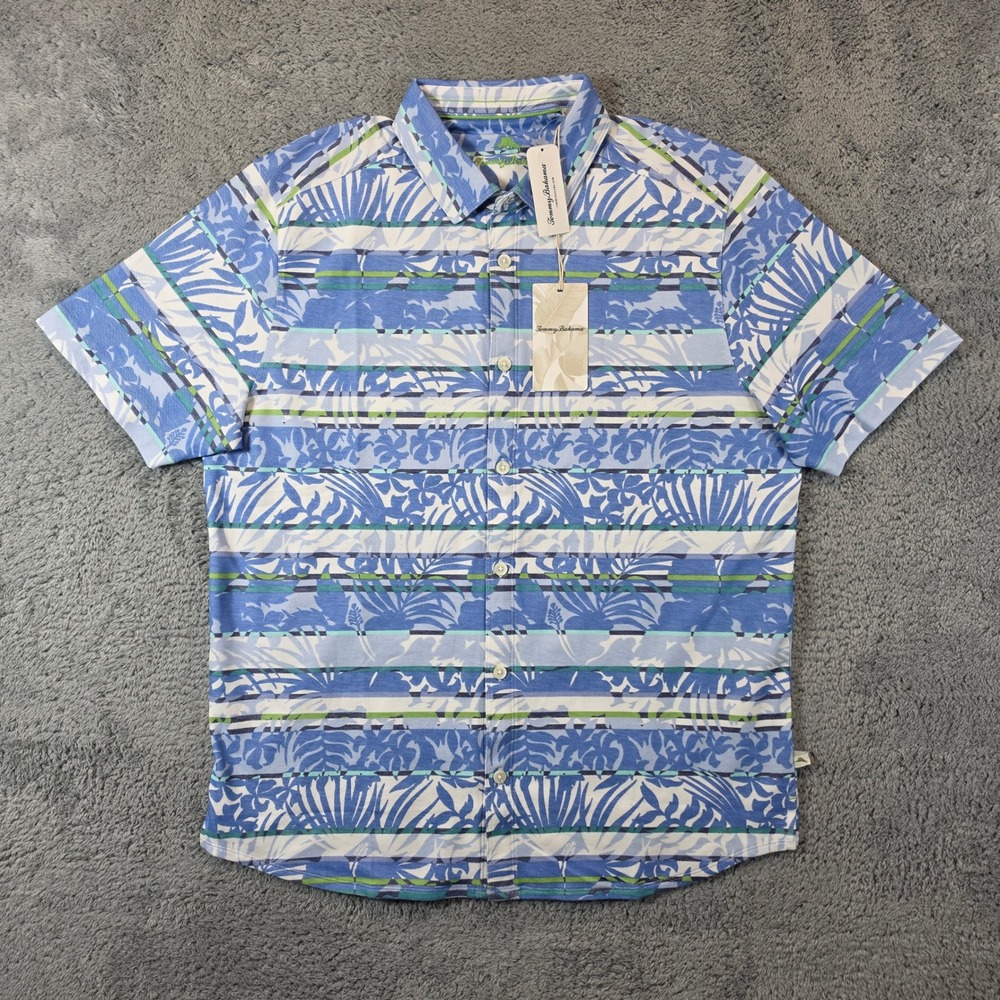 Tommy Bahama Maldonado Stripe Camp Shirt Men L Blue Floral IslandZone Button NWT
